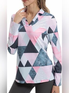 Women's Geometric V-Neck Long Sleeve Top - Pink Multi